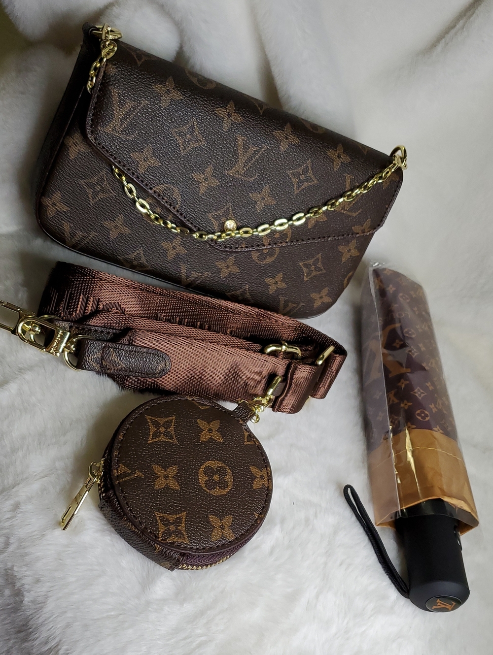 Brown Monogram Crossbody Set with Gold Hardware